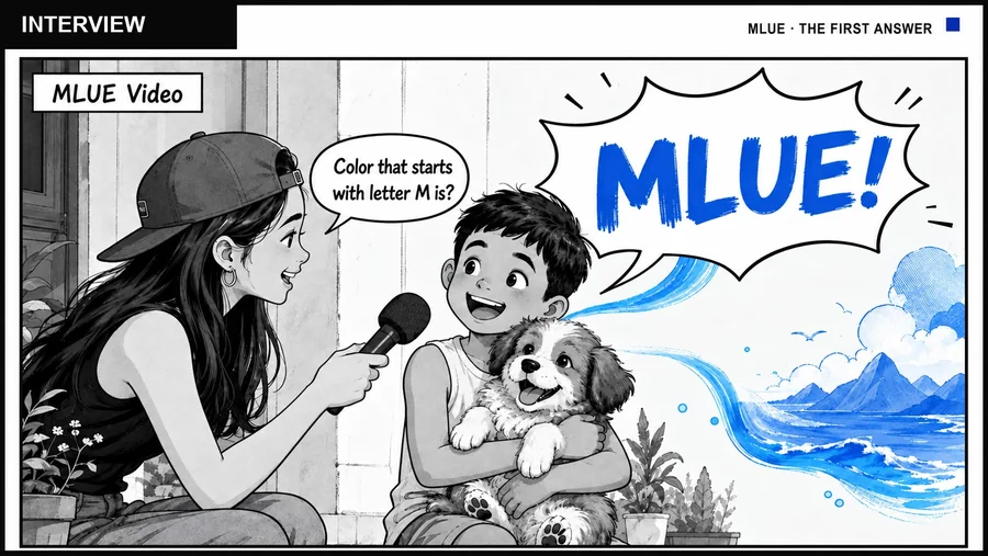 Illustration: a street interviewer asks a child holding a puppy “Color that starts with letter M is?” and the child answers “MLUE!”.