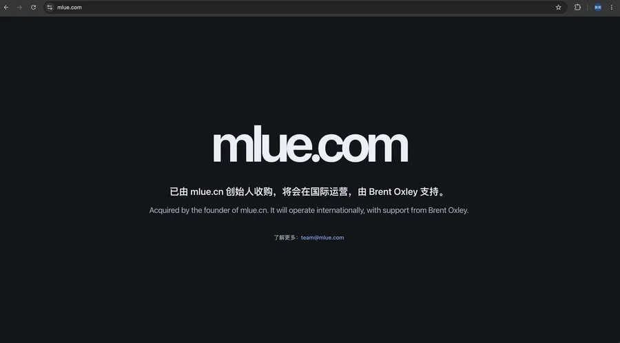 The mlue.com holding page: acquired by the founder of mlue.cn, with support from Brent Oxley.